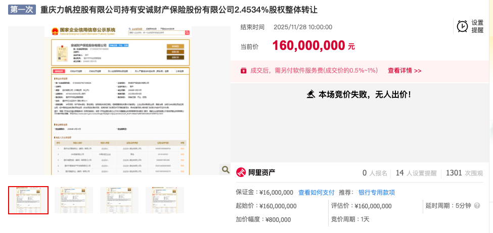 上千人围观无人出价!安诚财险股权再次流拍,车险业务长年“失血”
